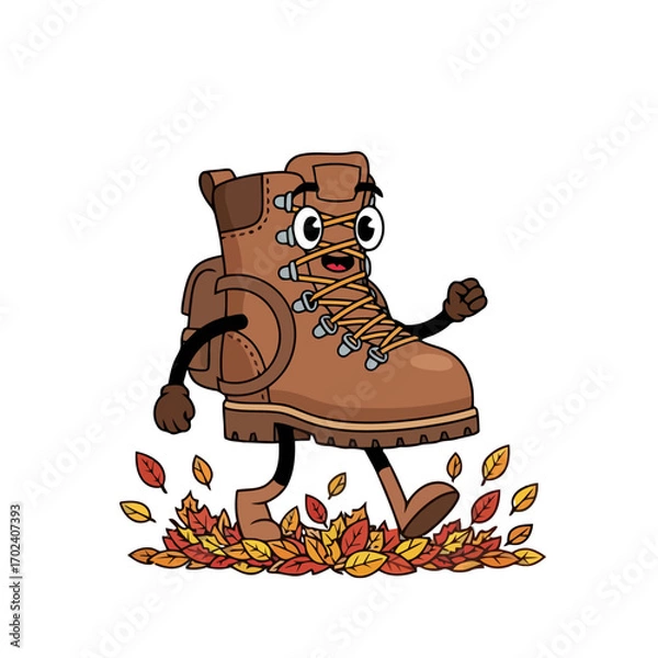Fototapeta Cartoon hiking boot character with backpack walking on leaves isolated on white