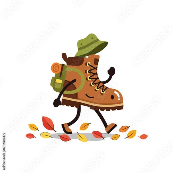 Fototapeta Cartoon hiking boot character with backpack and hat walking on leaves isolated