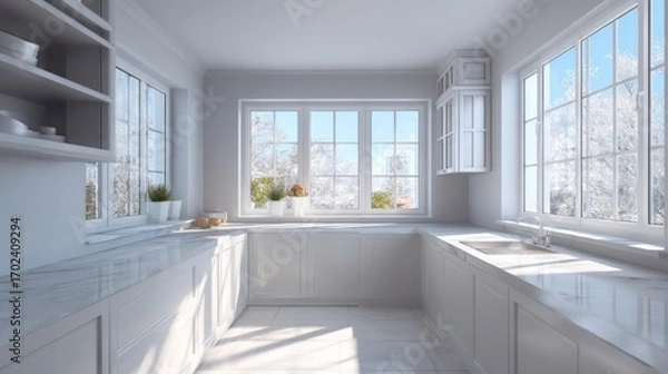 Fototapeta Minimalist Modern Kitchen with Clean Countertops – Empty Interior Background for Design and Web