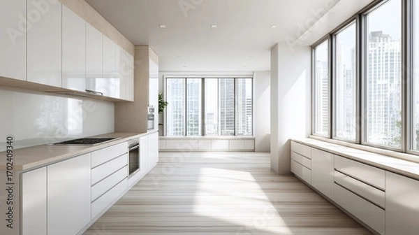 Fototapeta Minimalist Modern Kitchen with Clean Countertops – Empty Interior Background for Design and Web