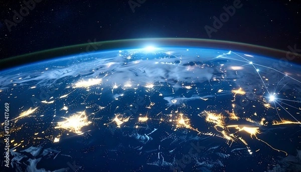 Fototapeta A detailed view of Earth from space, showcasing city lights, atmospheric glow, and interconnecting lines against the vast cosmos