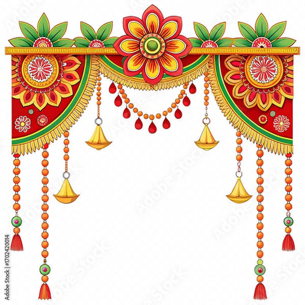 Fototapeta An ornate toran with vibrant red, yellow, and green hues, adorned with floral motifs and hanging bells, adds a festive touch, isolated on transparent background
