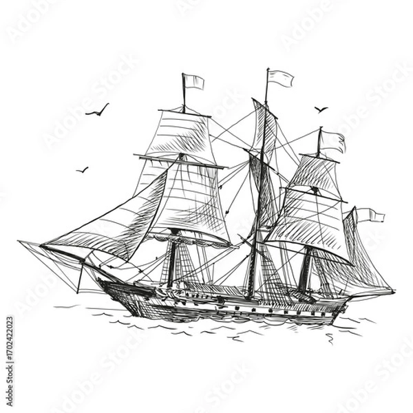 Fototapeta Old vintage sailing boat, caravel, hand-drawn vector sketch