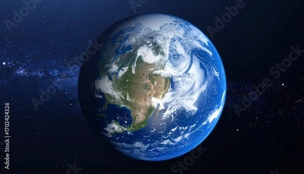 Fototapeta A detailed view of planet Earth, showing continents, oceans, and atmospheric clouds against a dark, starry background