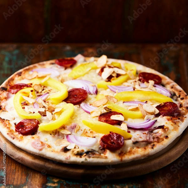 Fototapeta Pizza with chorizo ​​sausage, mozzarella cheese and yellow pepper. Rustic wooden background. Soft focus.	