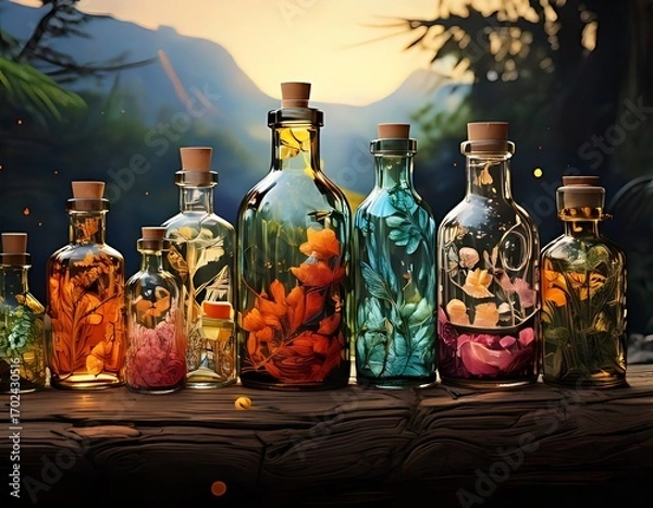 Fototapeta Bottles filled with plants, sunset backdrop