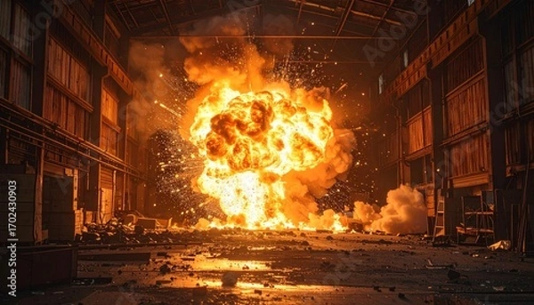 Obraz Dramatic Explosion in Abandoned Warehouse with Fiery Flames and Debris
