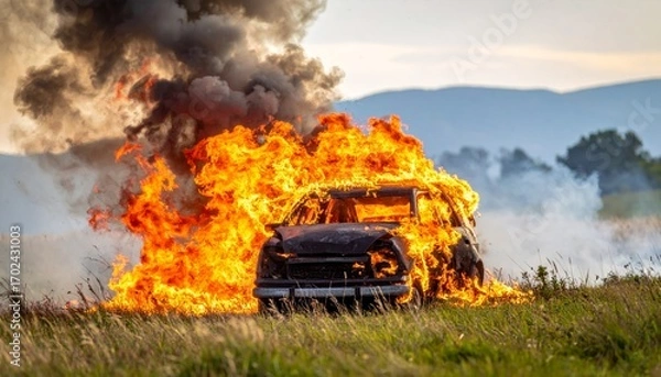 Obraz Car Fire Blaze in Open Field Against Sunset Background