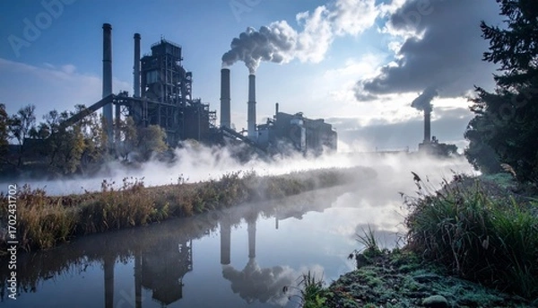 Obraz Industrial Factory with Emissions and Reflection in Calm Water