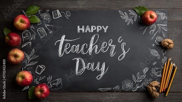 Fototapeta Happy Teacher's Day: Chalkboard Design with Apples and Pencils