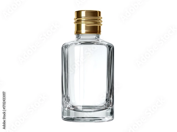 Fototapeta Clear glass bottle with golden cap containing clear liquid image, Isolated On Png Transparent Background