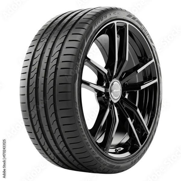 Fototapeta Close up of a modern car tire and alloy wheel isolated on transparent background