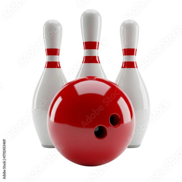 Fototapeta Red bowling ball and pins isolated on transparent background