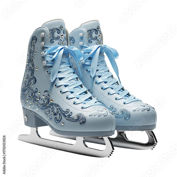 Fototapeta Pair of light blue ice skates with decorative patterns isolated on transparent background