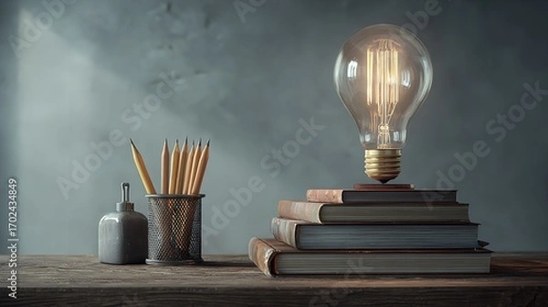 Fototapeta Brilliant Ideas: Glowing Edison Bulb, Books, and Pencils on a Rustic Tabletop