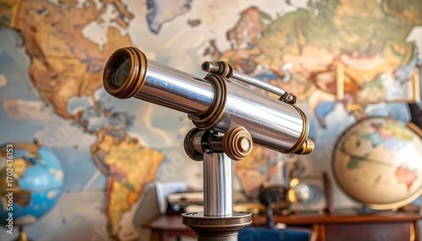 Fototapeta A detailed vintage telescope stands ready, focused on a globe and a world map backdrop in a room, hinting at travel & discovery