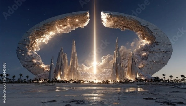 Obraz A futuristic monument with beams of light forming a giant peace sign in the sky