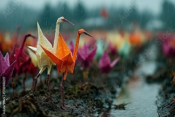 Obraz A gentle rainfall over a field of paper cranes, symbolizing hope and peace
