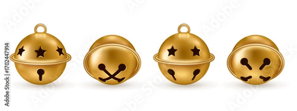 Fototapeta Gold jingle bells ball icons set isolated on white background. Vector illustration. Merry Christmas Happy New Year 3d metal object. Retro Xmas tree small decoration. Eve party poster banner design