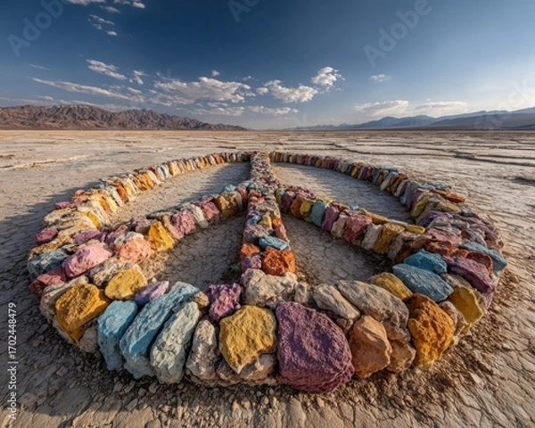Obraz A giant peace symbol made of colorful stones in a desert under a clear sky
