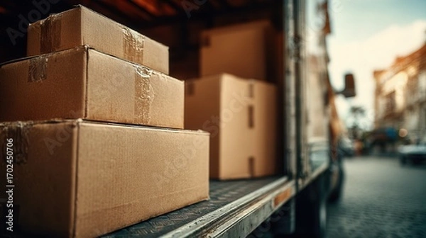 Fototapeta Cardboard moving boxes stacked in back of room