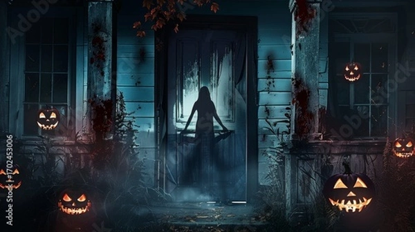 Fototapeta A Spooky Halloween Scene filled with Shadows and JackoLantern Pumpkins for Atmosphere