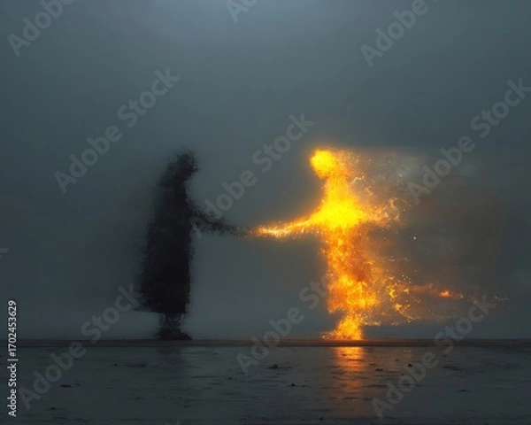 Obraz A glowing handshake between two shadow figures, radiant energy between them