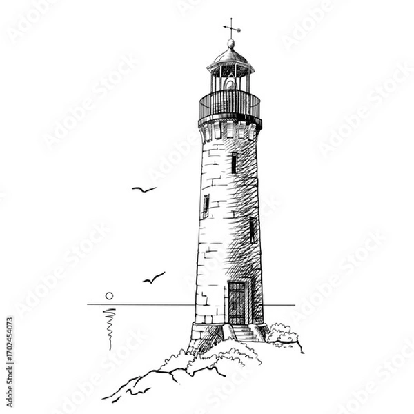 Fototapeta Lighthouse. Hand drawn sketch vector. Ancient architecture