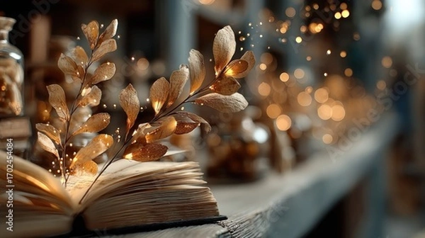 Obraz A glowing olive branch floating above an open book in a softly lit library