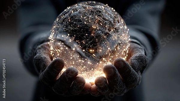 Obraz A glowing orb of light held by two hands, symbolizing hope in a starry night