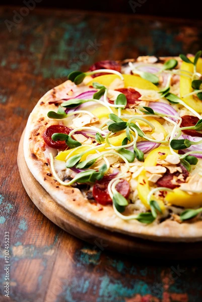 Fototapeta Pizza with chorizo ​​sausage, mozzarella cheese and yellow pepper. Rustic wooden background. Soft focus.	
