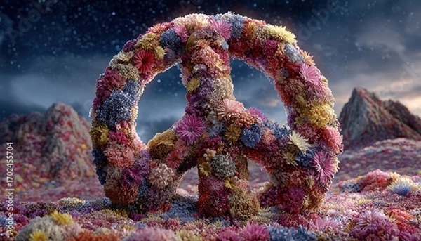 Obraz A glowing peace sign made of flowers floating in a starry night sky, dreamy and surreal