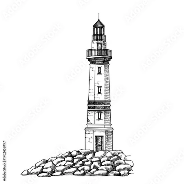 Fototapeta Lighthouse. Hand drawn sketch vector. Ancient architecture