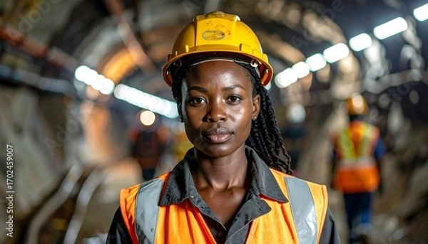 Fototapeta A determined construction worker in a tunnel looks directly at the camera, wearing a yellow helmet and orange safety vest. Background blurred