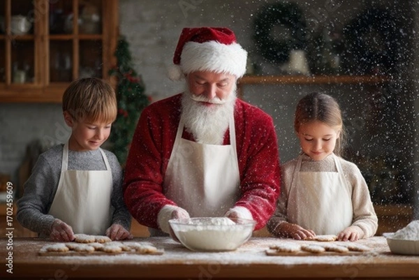 Fototapeta Caucasian man dressed as Santa Claus is baking cookies with two children in a cozy kitchen, surrounded by festive decorations and a warm atmosphere of holiday cheer