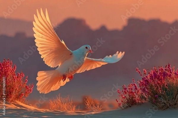 Obraz A glowing white dove carrying an olive branch over a serene desert at dusk
