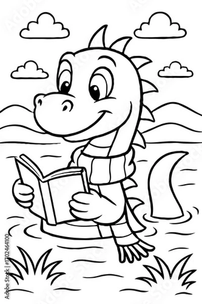 Fototapeta Cute friendly Loch Ness Monster swimming while reading a book and juggling seashells, a fun illustration.