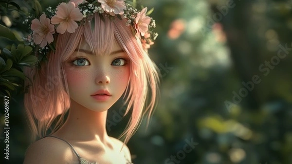 Fototapeta Enchanted Forest Nymph: A Digital Painting of a Fairytale Girl