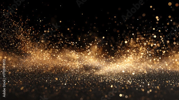 Fototapeta Golden dust sparkles against a black background creating a luxurious, magical atmosphere.