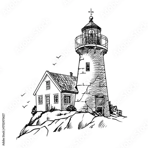 Fototapeta Lighthouse. Hand drawn sketch vector. Ancient architecture
