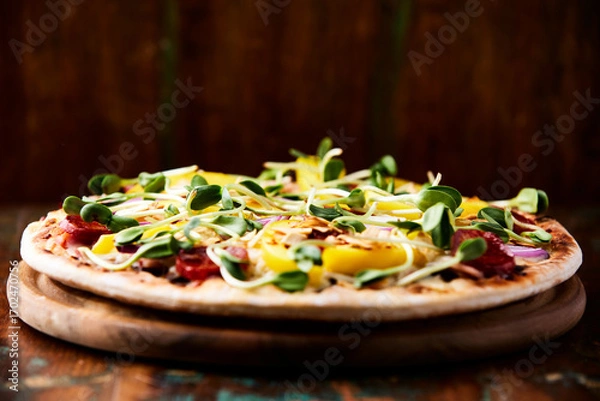 Fototapeta Pizza with chorizo ​​sausage, mozzarella cheese and yellow pepper. Rustic wooden background. Soft focus.	