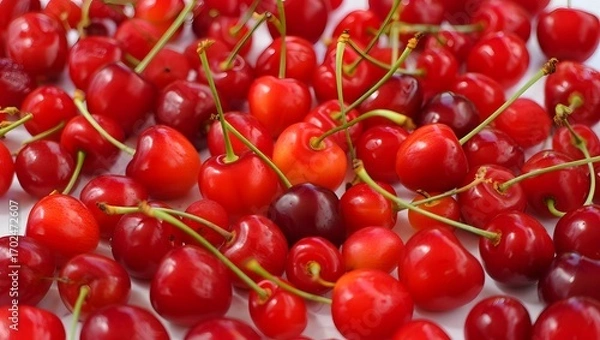 Obraz Fresh Red Cherries on White Background – Minimal Food Photography
