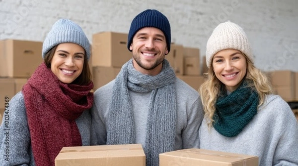 Fototapeta Group of three smiling individuals wearing winter hats and scarves, holding cardboard boxes in a warehouse setting, showcasing teamwork and community spirit during the holiday season
