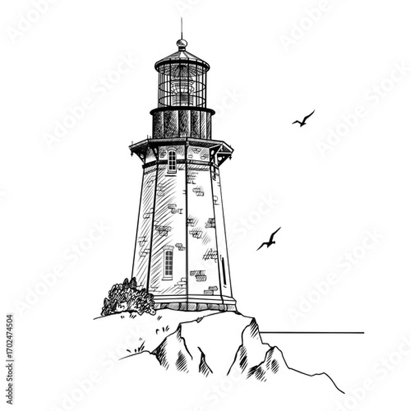 Fototapeta Lighthouse. Hand drawn sketch vector. Ancient architecture