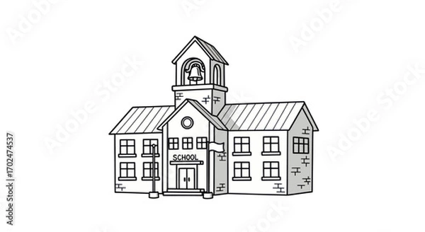 Fototapeta Hand-drawn illustration of a classic school building with a bell tower.