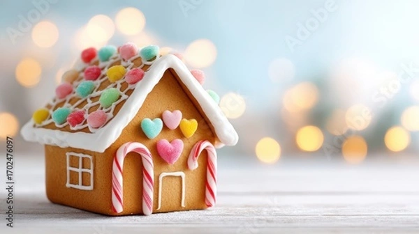 Fototapeta Gingerbread house decorated with colorful candies and icing, set against a blurred background of soft lights, evoking a festive and cozy holiday atmosphere