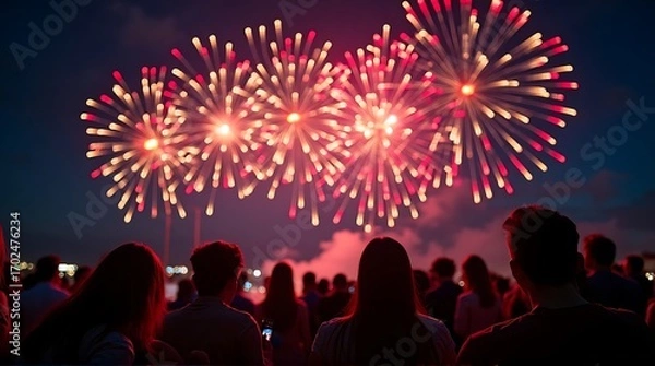 Obraz People Watching Fireworks Display in the Night Sky