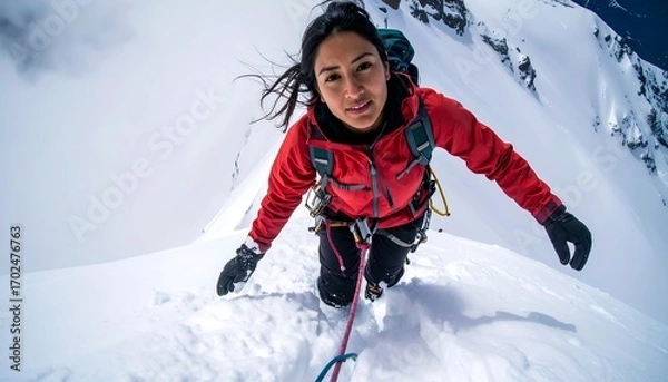 Fototapeta A determined woman ascends a snow-covered mountain ridge, connected by a rope. The camera angle is low, emphasizing her struggle