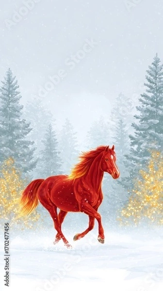 Fototapeta Vibrant red horse galloping through a snowy landscape, surrounded by evergreen trees and soft golden lights, capturing the essence of winter beauty and freedom