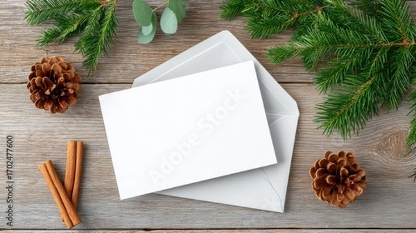 Fototapeta Blank greeting card with white envelope, cinnamon sticks, pine cones, and evergreen branches on rustic wooden table, perfect for holiday messages and seasonal greetings